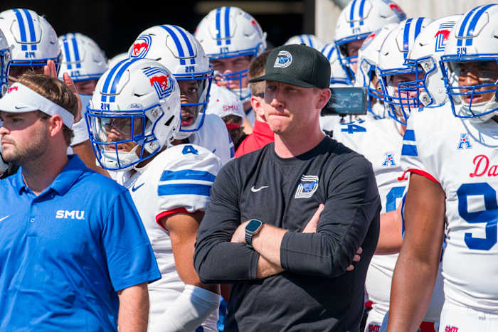 Sep 23, 2023; Fort Worth, Texas, USA; SMU Mustangs head coach Rhett Lashlee prepares to lead his team on to the field to face the TCU Horned Frogs at Amon G. Carter Stadium. Mandatory Credit: Jerome Miron-USA TODAY Sports
